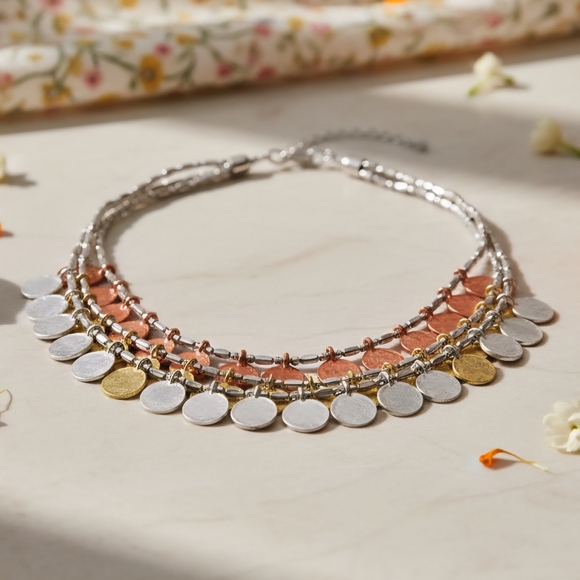 ๐ Boho Statement Bib Necklace Handcrafted Layered Mixed Metal Coin Charm Beaded - Picture 9 of 11